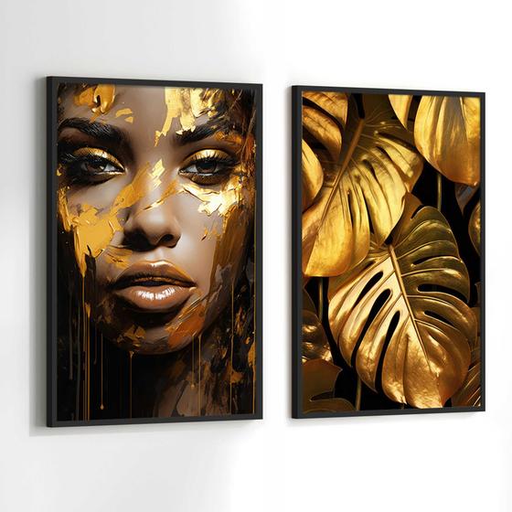 Imagem de Quadros Decorativos com Moldura  Mulher Preta Dourado  Sala Quarto Kit Conjunto 2