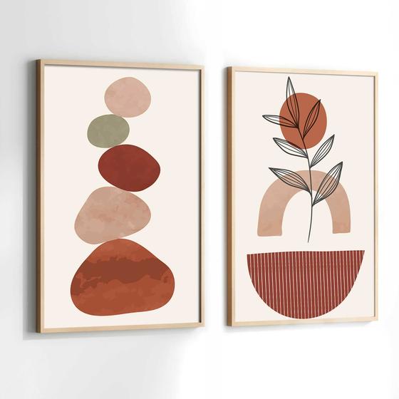 Imagem de Quadros Decorativos com Moldura  Pedras Terracota Marrom  Sala Quarto Kit Conjunto 2