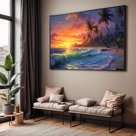 Imagem de Quadros decorativos com Moldura Sala Quarto Paisagem Por do Sol Praia Coqueiros Grande Hall