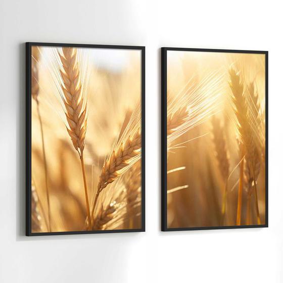 Imagem de Quadros Decorativos com Moldura  Trigo Sol Paisagem Sala Quarto Kit Conjunto 2