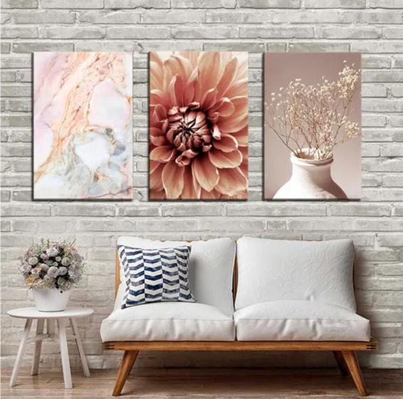 Imagem de Quadros Decorativos Floral Flor Marmore Branco Rose Trio