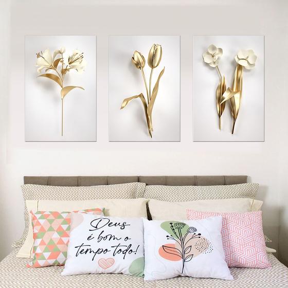 Imagem de Quadros Decorativos Flores brancas e douradas Tulipas Escritório Quarto Ambiente Moderno PMG