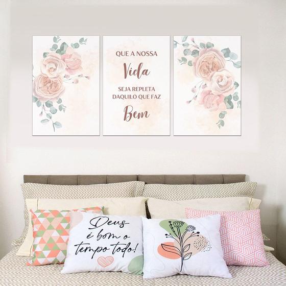 Imagem de Quadros Decorativos Flores Frase Vida Faz Bem Escritório Quarto Ambiente Moderno PMG