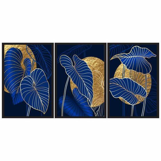 Imagem de Quadros Decorativos Folhas Azul e Dourado 60x40 Sala Quarto