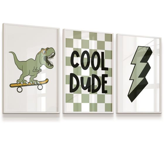 Imagem de Quadros Decorativos Infantil Dinossauro Skate Raio Frase 33x43 cada