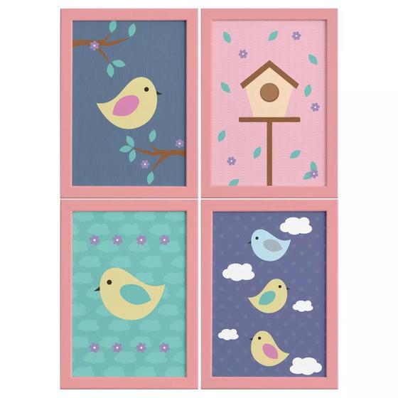 Imagem de Quadros Decorativos Infantil Pássaros Moldura Rosa 4un 22x32