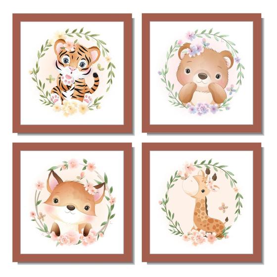 Imagem de Quadros decorativos infantil safari animais floral boho