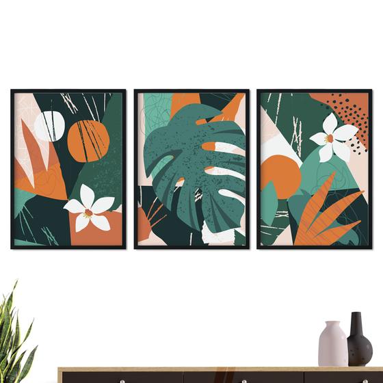 Imagem de Quadros Decorativos Kit 3 Folhagens Coloridas 109x43cm Sala