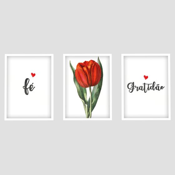 Imagem de Quadros Decorativos Kit 3 Peças Flores Moldura Vidro Floral Frase Fé Gratidão Sala Quarto