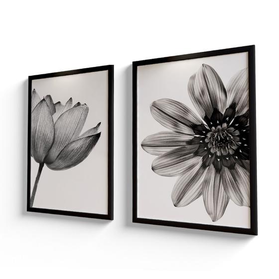 Imagem de Quadros Decorativos Kit C/2 Flores Black White quarto sala escritório 91x63 cm