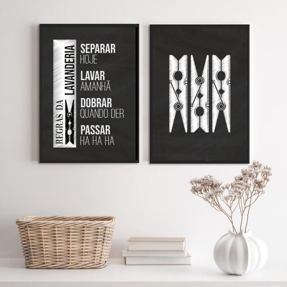 Imagem de Quadros Decorativos Lavanderia P&B 45x34cm - Com Vidro