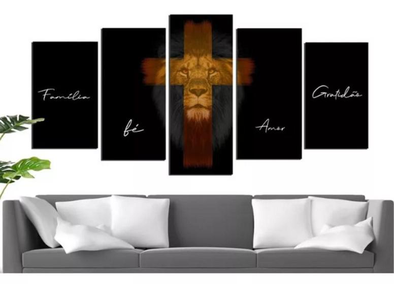 Imagem de quadros decorativos Leão Judá Cruz Gratidão Amor Fé"