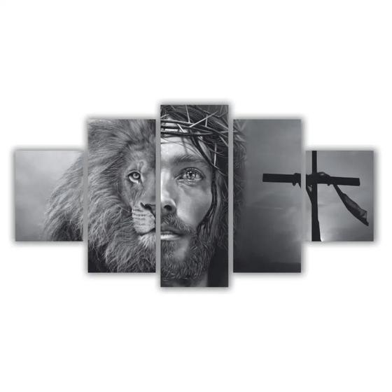 Imagem de Quadros Decorativos Leão Juda E Jesus Faces Preto e Branco