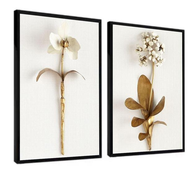 Imagem de Quadros Decorativos Moldura Jogo Floral Flores Douradas