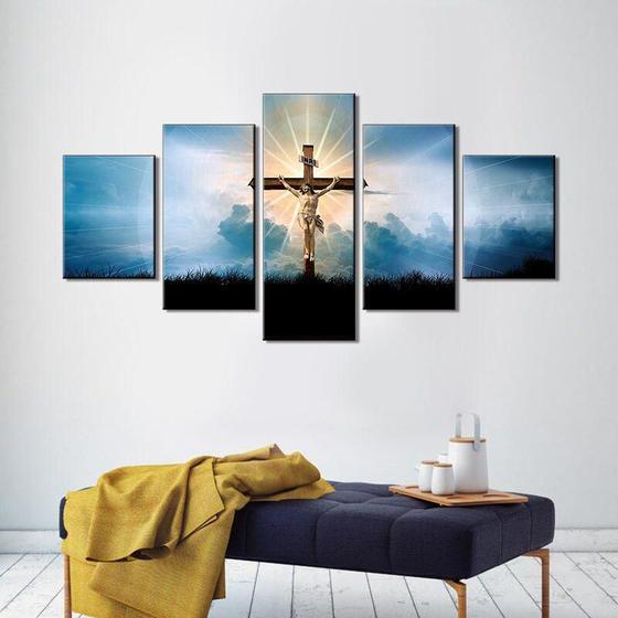 Imagem de Quadros Decorativos Mosaico 5 Peças Jesus Na Cruz Luz No Ceu