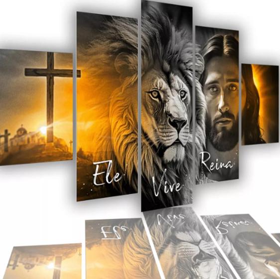 Imagem de Quadros Decorativos Mosaico Frases Leão Jesus Ele Vive Reina"