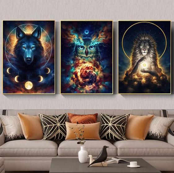 Imagem de Quadros Decorativos Mosaico lobo coruja leão"