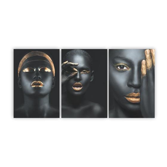 Imagem de Quadros Decorativos Mosaico Mulheres Negras Maquiagem Dourada 60x40