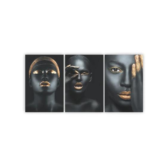 Imagem de Quadros Decorativos Mosaico Mulheres Negras Maquiagem Dourada 80x60