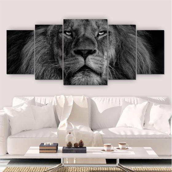 Quadros Decorativos Mosaico Quarto Leão Preto e Branco 5 peças 144x60 Menor preço em Quadros Decorativos Mosaico Quarto Leão Preto e Branco 5 peças 144x60