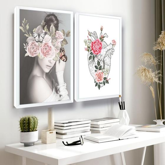 Imagem de Quadros Decorativos Mulher Flores Borboleta Coração Moldura