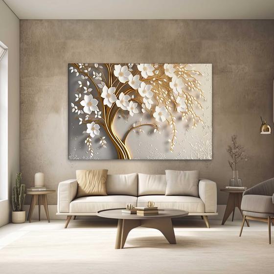 Imagem de Quadros Decorativos para Quarto Sala 40x60 Dourado Floral Flores Branca  Grande Escritório Hall