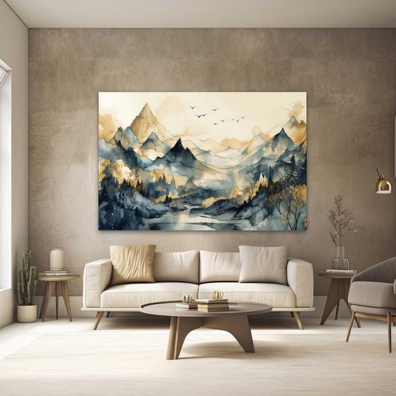 Imagem de Quadros Decorativos para Quarto Sala 40x60 Paisagem Abstrato Montanhas Azul Bege  Grande Escritório Hall