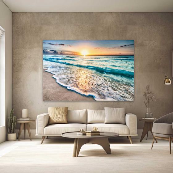 Imagem de Quadros Decorativos para Quarto Sala Ondas Praia Mar Por do Sol Paisagem Grande Escritório Hall