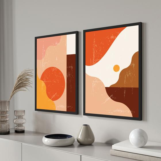 Imagem de Quadros Decorativos para Sala Cozinha Quarto com Moldura Conjunto kit 2 Abstrato Geometrico verao