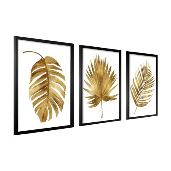 Imagem de Quadros Decorativos Para Sala Modernos Com Moldura 40x60  Folhagem Dourada Quarto Escritório Grande