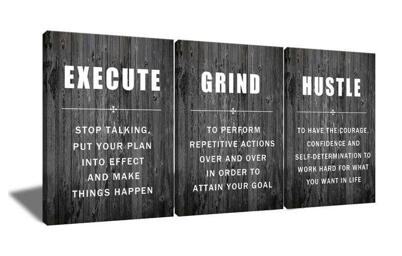 Imagem de Quadros Decorativos QYHART "Execute Grind Hustle" - 3 Peças (150x70cm)