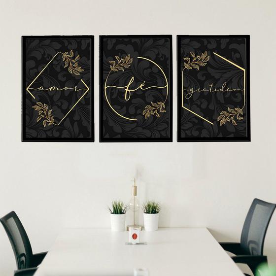 Imagem de Quadros Decorativos Sala Preto e Dourado Amor Fé Gratidão Abstrato Escritório 135x63cm Com Moldura