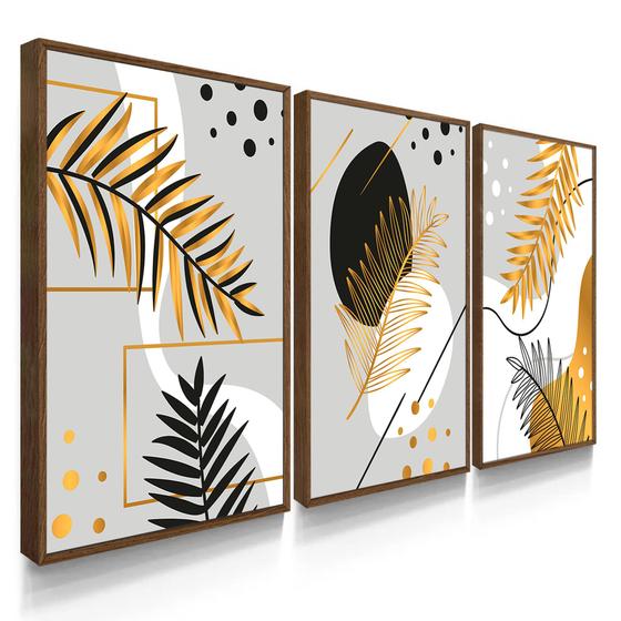 Imagem de Quadros Decorativos Sala Quarto Abstratos Folhas Douradas