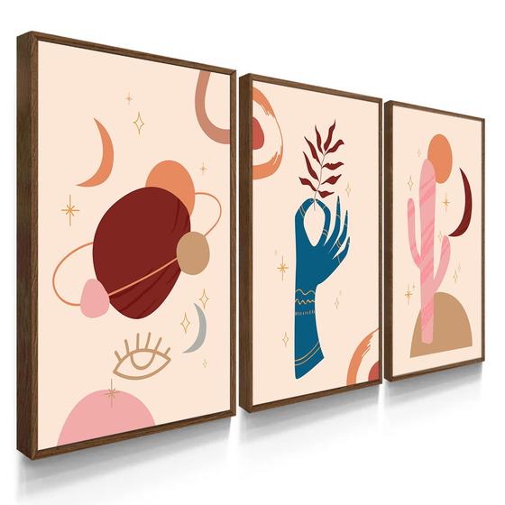 Imagem de Quadros Decorativos Sala Quarto Trio Artes Abstratas Planeta Cacto Mão