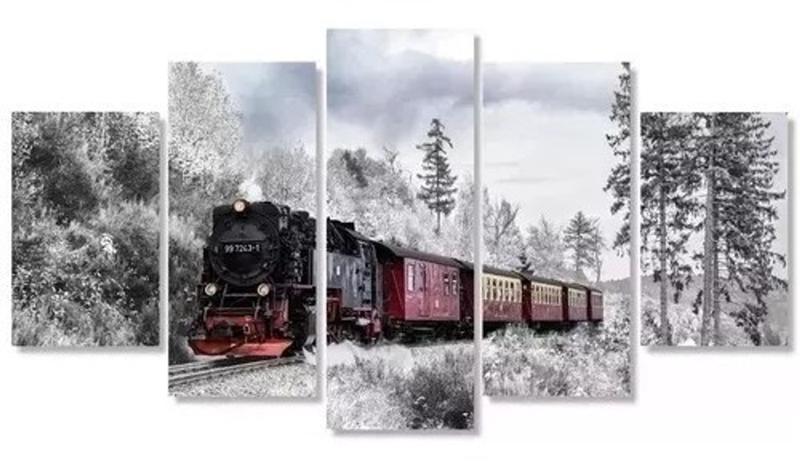 Imagem de Quadros Decorativos Trem Na Neve Mosaico 5 Peças