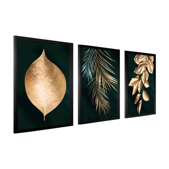 Imagem de Quadros Decorativos Trio Kit 3 Folhagem Verde Dourado Moldura 40x60 Flores Sala Escritório Grande
