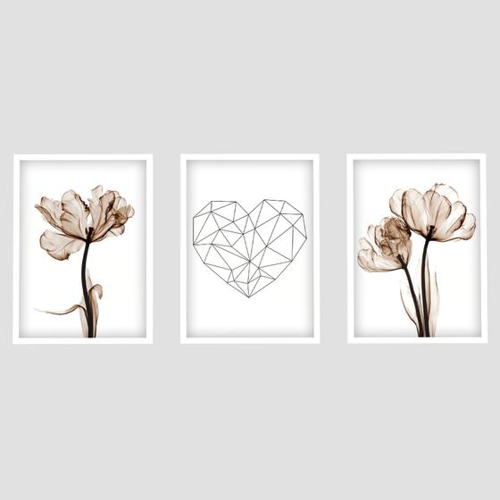 Imagem de Quadros Decorativos Trio Para Sala Moderno Moldura e Vidro Flores Botânicas Coração Geométrico