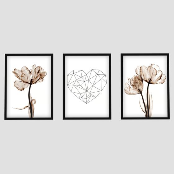 Imagem de Quadros Decorativos Trio Para Sala Moderno Moldura e Vidro Flores Botânicas Coração Geométrico