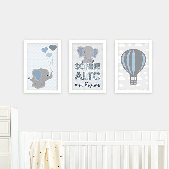 Imagem de Quadros Elefante e Balão Azul 23x33cm 3 Peças Com Moldura Quarto Menino Decoração Bebê