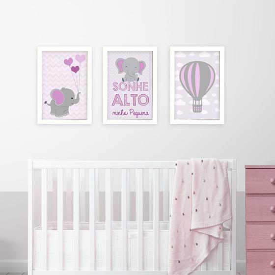 Imagem de Quadros Elefante e Balão Rosa 3 Peças Com Moldura Quarto Menina Decoração Bebê