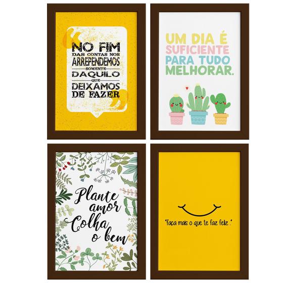 Imagem de Quadros Frases Vida Feliz Moldura Marrom 33x43cm 4un