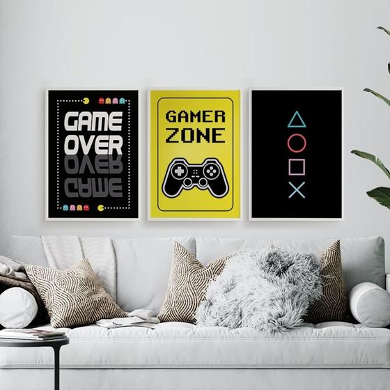 Imagem de Quadros Gamer Decoração Quarto Nerd Geek Kit 3 Peças 28x40cm