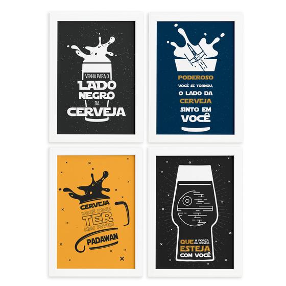 Imagem de Quadros Geek com Frase Jedi 33x43cm Moldura Branca Kit 4un