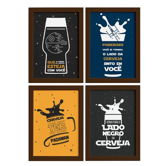 Imagem de Quadros Geek com Frase Jedi 33x43cm Moldura Marrom Kit 4un