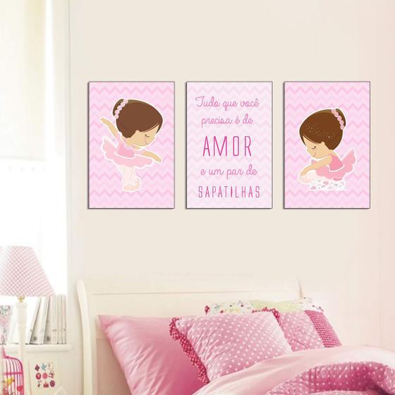 Imagem de Quadros Infantil Bailarina kit 3 peças 20x30cm Rosa Criança Bebê Quarto leve, fácil e prática instalação 3mm