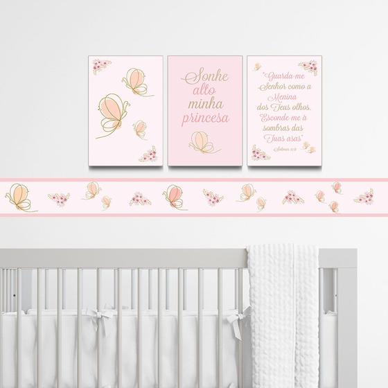 Imagem de Quadros infantil e Faixa Decorativa Borboleta Rosa Bebe Menina