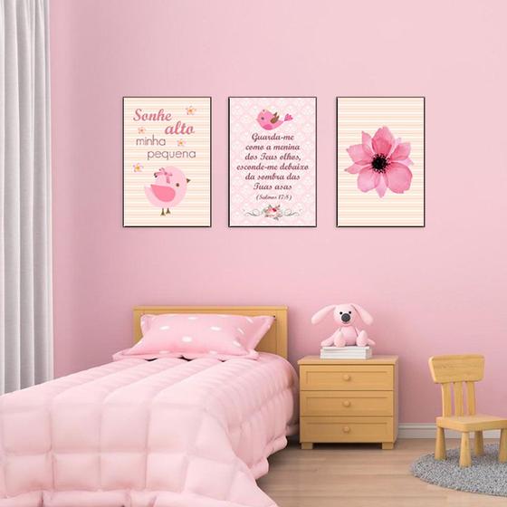 Imagem de Quadros infantil Flor e Passarinho Menina Kit 3 20x30cm Decorativo Poster Painel Quarto Criança Lindo Para Decorar