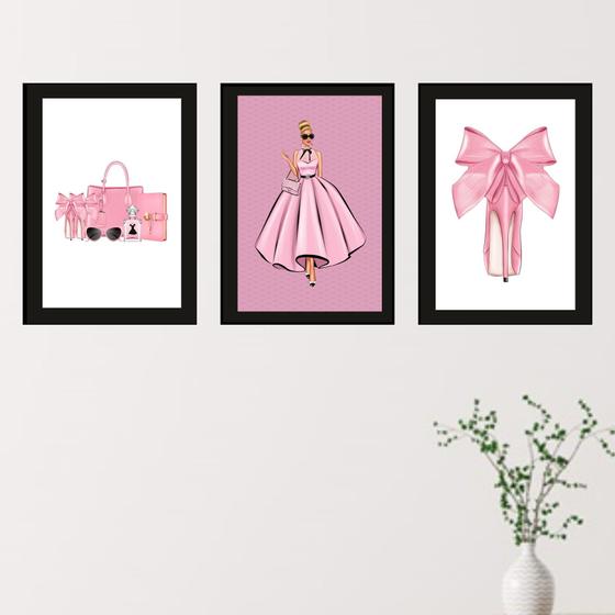 Imagem de Quadros Loja Perfume Bolsa Moda Paris Pink 3 Peças 20x28cm