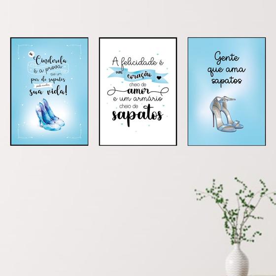 Imagem de Quadros Loja Sapatos Calçados Azul Moda Kit 3 Peças 20x28cm