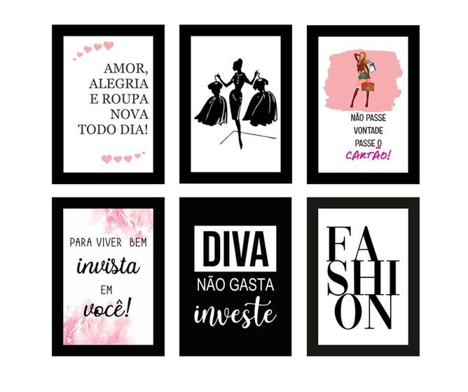 Imagem de Quadros Moda Diva Mulher Loja Roupa Look Fashion Kit 6 Peças